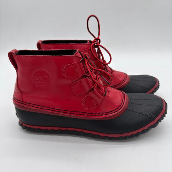 Sorel Out N About Red Retro Patent Duck Water Boots 8.5 - Picture 1 of 5